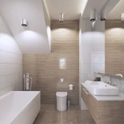 Nowoczesna łazienka z drewnianą okładziną ściany, białą armaturą i minimalistycznym oświetleniem punktowym.