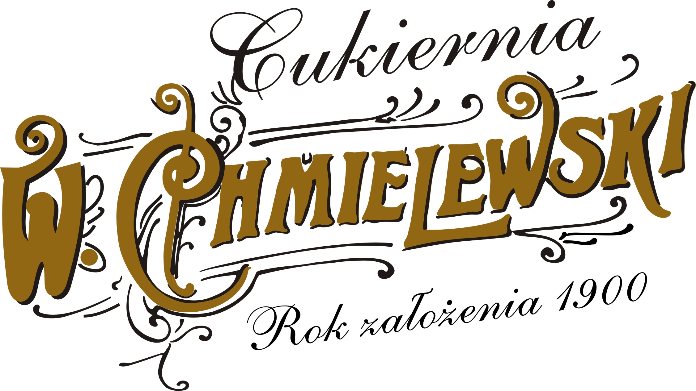 Logo Cukierni W. Chmielewski z Lublina, rok założenia 1900, ozdobna typografia w odcieniach brązu na białym tle.