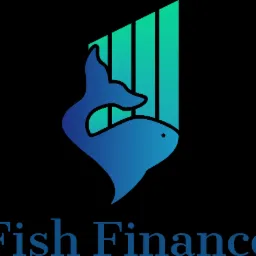 Logo firmy Fish Finance: stylizowany ogon ryby w odcieniach niebieskiego na tle zielonych słupków wykresu.