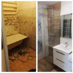 Remont łazienki: Porównanie stanu przed i po, z widoczną wanną do wymiany, gruzem, wiertarką oraz nową kabiną prysznicową, umywalką z szafką i grzejnikiem.