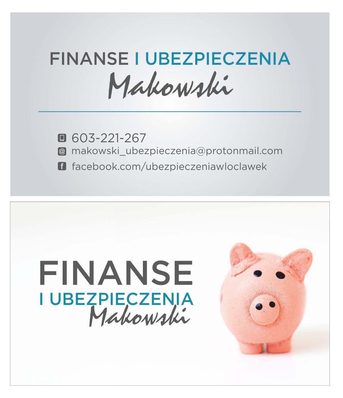 Wizytówka firmy ubezpieczeniowej z różową świnką skarbonką, prezentująca dane kontaktowe i nazwę firmy.