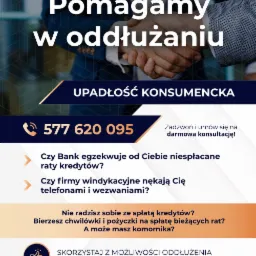 Grafika reklamowa kancelarii prawnej z hasłem 'Pomagamy w oddłużaniu', przedstawiająca uścisk dłoni na tle geometrycznego wzoru, numer telefonu i adres e-mail