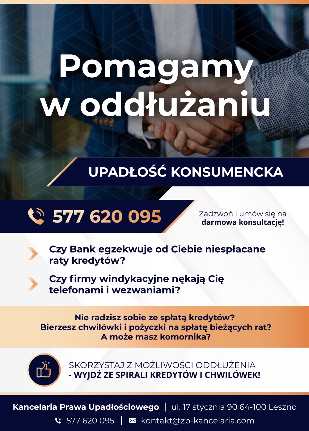 Grafika reklamowa kancelarii prawnej z hasłem 'Pomagamy w oddłużaniu', przedstawiająca uścisk dłoni na tle geometrycznego wzoru, numer telefonu i adres e-mail
