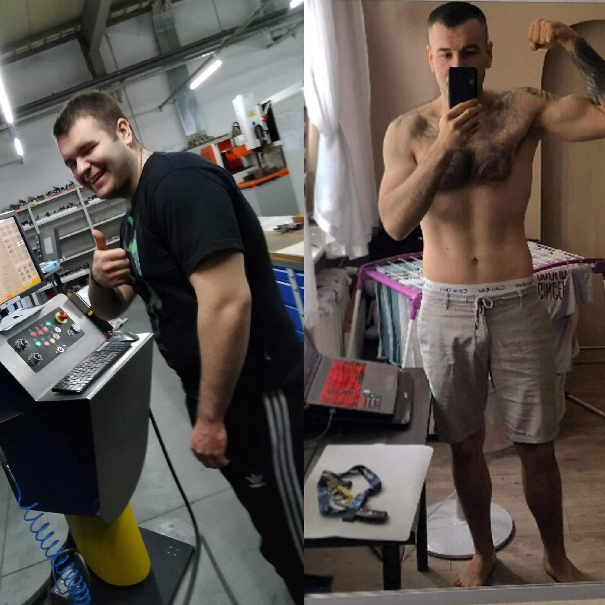 Porównanie sylwetki mężczyzny przed i po treningu, widoczne zmiany w budowie ciała, z uśmiechem na twarzy.