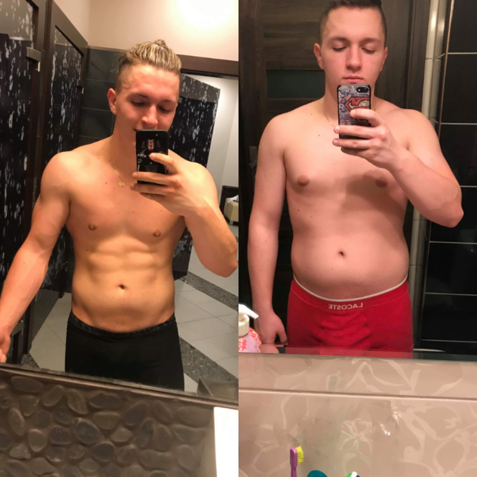 Mężczyzna przed i po treningu, widoczna różnica w budowie ciała, selfie w lustrze w łazience.