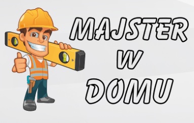 Karykatura uśmiechniętego majstra w kasku i kamizelce odblaskowej, trzymającego poziomicę i pokazującego kciuk w górę, obok napis 'MAJSTER W DOMU' z czarną obwódką, na jasnoszarym tle.