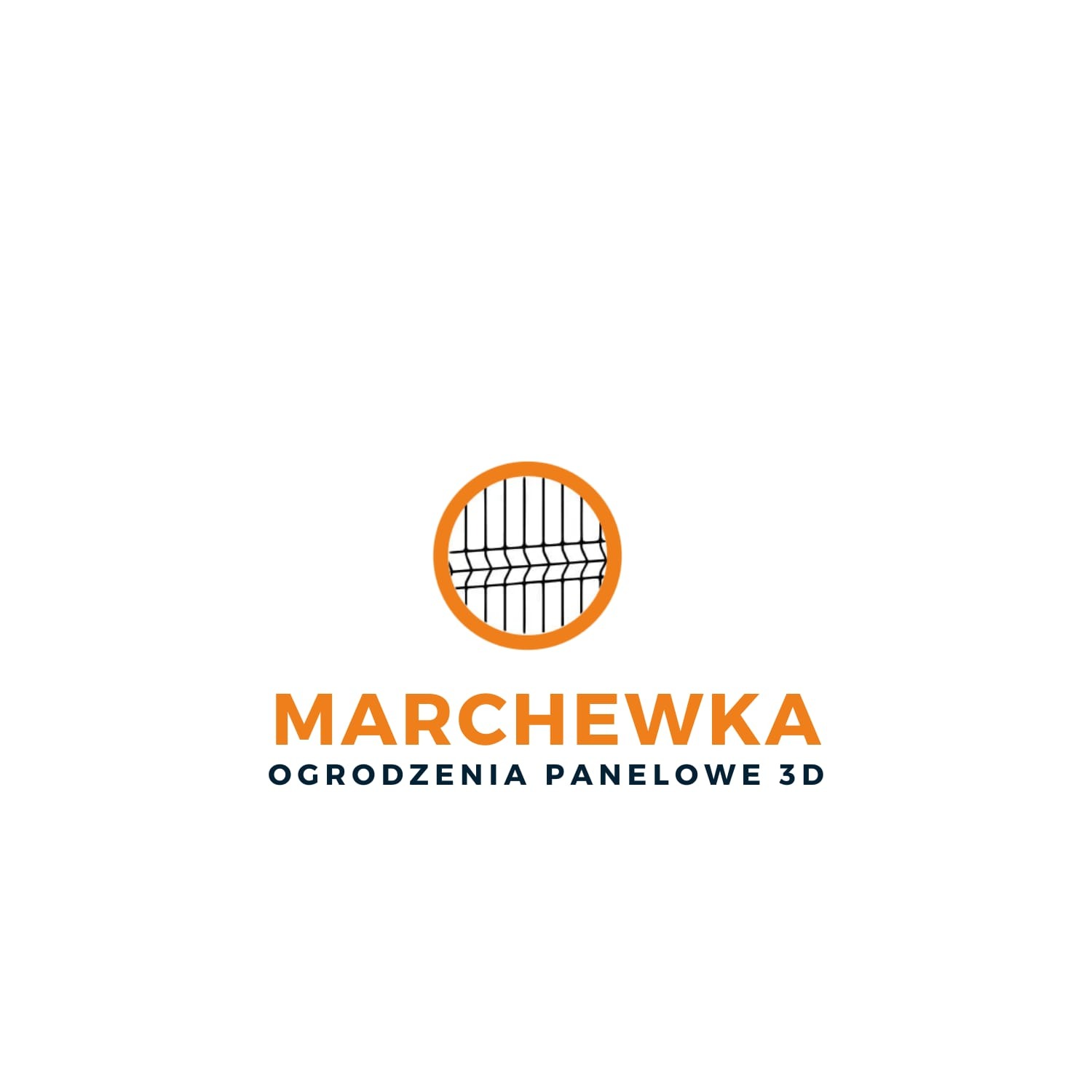Logo firmy Marchewka Ogrodzenia Panelowe 3D: grafika panelowego ogrodzenia w pomarańczowym okręgu, nazwa firmy i dopisek w kolorze pomarańczowo-granatowym.