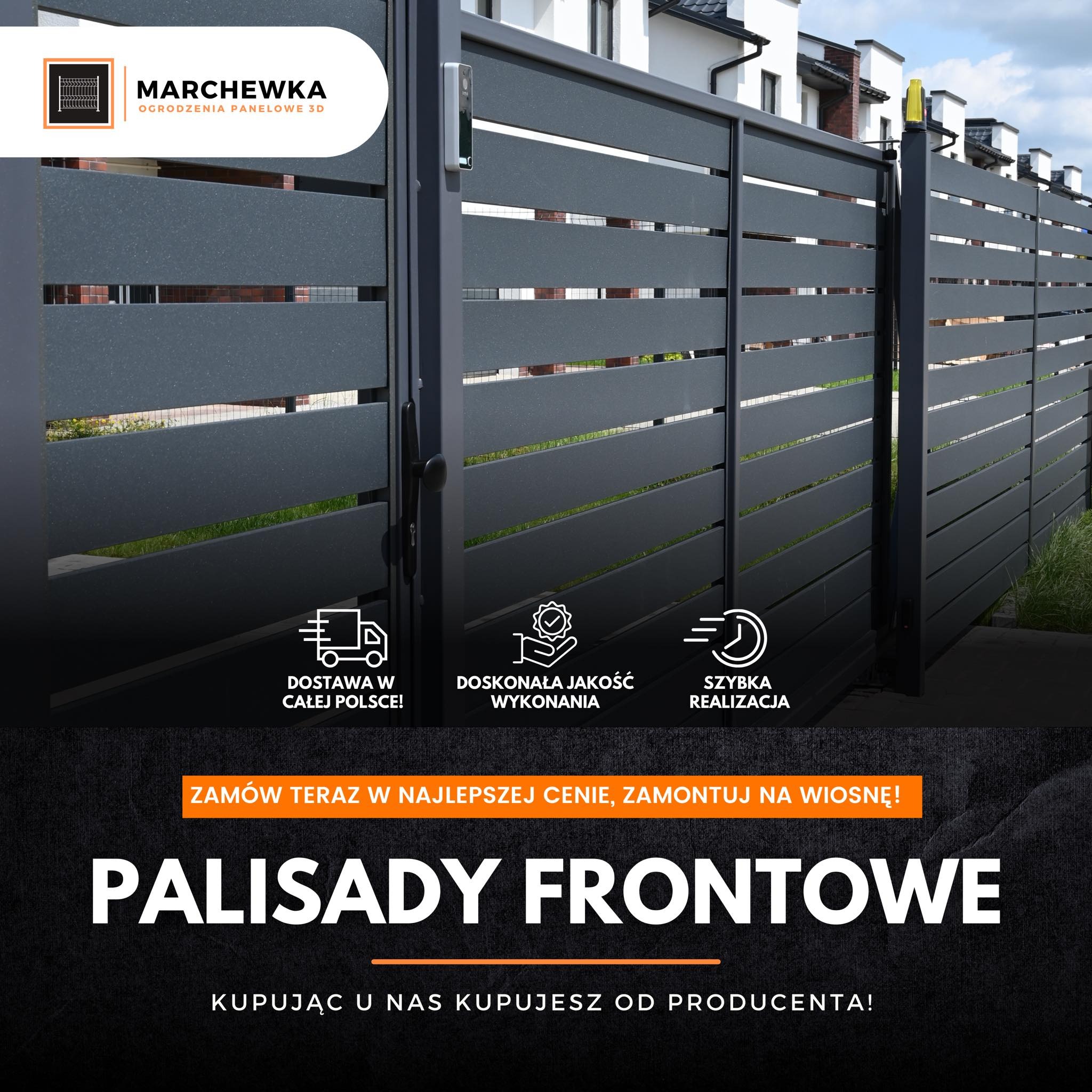 Grafitowe ogrodzenie panelowe poziome z automatyką, widoczne z zewnątrz posesji. W tle domy jednorodzinne. Reklama producenta z hasłami: dostawa, jakość, realizacja.