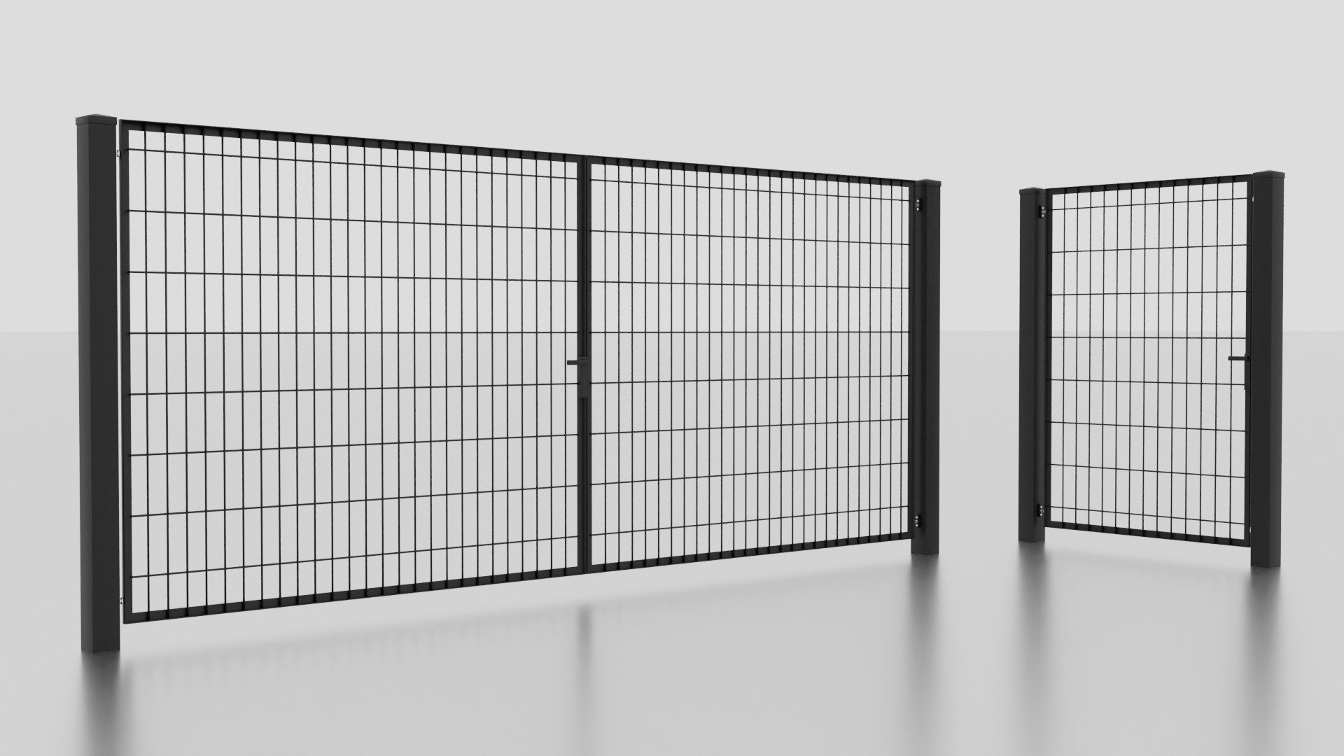 Nowoczesne, grafitowe ogrodzenie panelowe z furtką na jasnym tle. Minimalistyczny design, proste linie i geometryczny układ paneli. Widok z bliska.