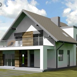 Dom pod Będzinem - tradycyjna forma budynku o dwuspadowym dachu przełamana płaskimi dachami lukarny i zadaszenia tarasu. Projekt zrealizowany.