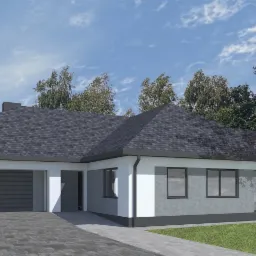 Wizualizacja parterowego domu z dachem kopertowym, garażem i elewacją w odcieniach szarości, otoczonego zielenią i błękitnym niebem.