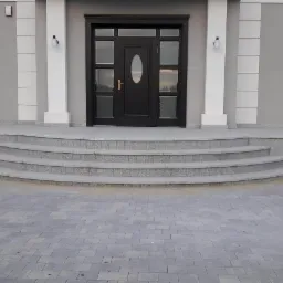 Eleganckie wejście do domu z trzema półokrągłymi stopniami z jasnoszarego kamienia, prowadzące do ciemnych drzwi z szybami, z widocznym fragmentem kostki brukowej na pierwszym planie.