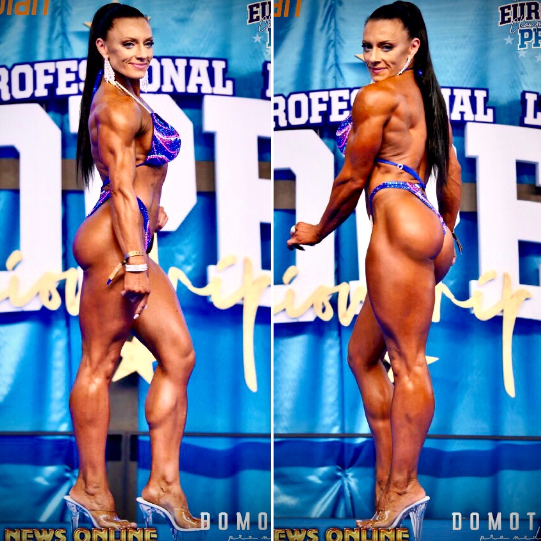 Kobieta prezentuje muskulaturę w bikini fitness na scenie podczas zawodów, z widocznymi detalami definicji mięśni i opaleniem natryskowym