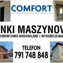 Kompozycja zdjęć prezentująca ofertę firmy Comfort: wnętrze w trakcie tynkowania z widocznymi drzwiami, surowy budynek w trakcie prac wykończeniowych, dom z czerwoną dachówką po remoncie elewacji...