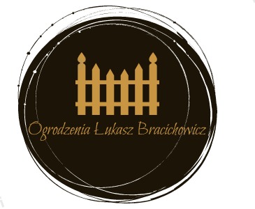 Stylizowany graficznie symbol drewnianego płotu w kolorze złotym na ciemnobrązowym tle, otoczony abstrakcyjnymi, białymi liniami. Poniżej nazwa firmy w ozdobnej czcionce.