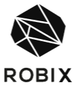 Czarno-białe logo firmy Robix z geometrycznym symbolem powyżej nazwy, przypominającym bryłę z połączonych trójkątów.