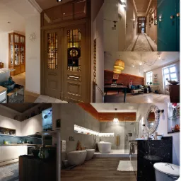 Mozaika zdjęć prezentująca różne pomieszczenia w kamienicy: salon z jadalnią, korytarz z drewnianymi drzwiami, minimalistyczny salon z ceglaną ścianą, nowoczesna kuchnia z winoteką i łazienka...