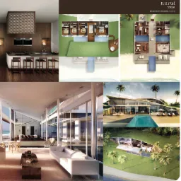 Wizualizacja projektu luksusowej willi nad morzem z basenem, widok na salon z panoramicznymi oknami, kuchnię z wyspą i plan zagospodarowania terenu z basenami.