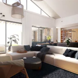 Jasny salon z narożną sofą, niskim stolikiem kawowym i lampą podłogową, widok na ogród przez duże okno.