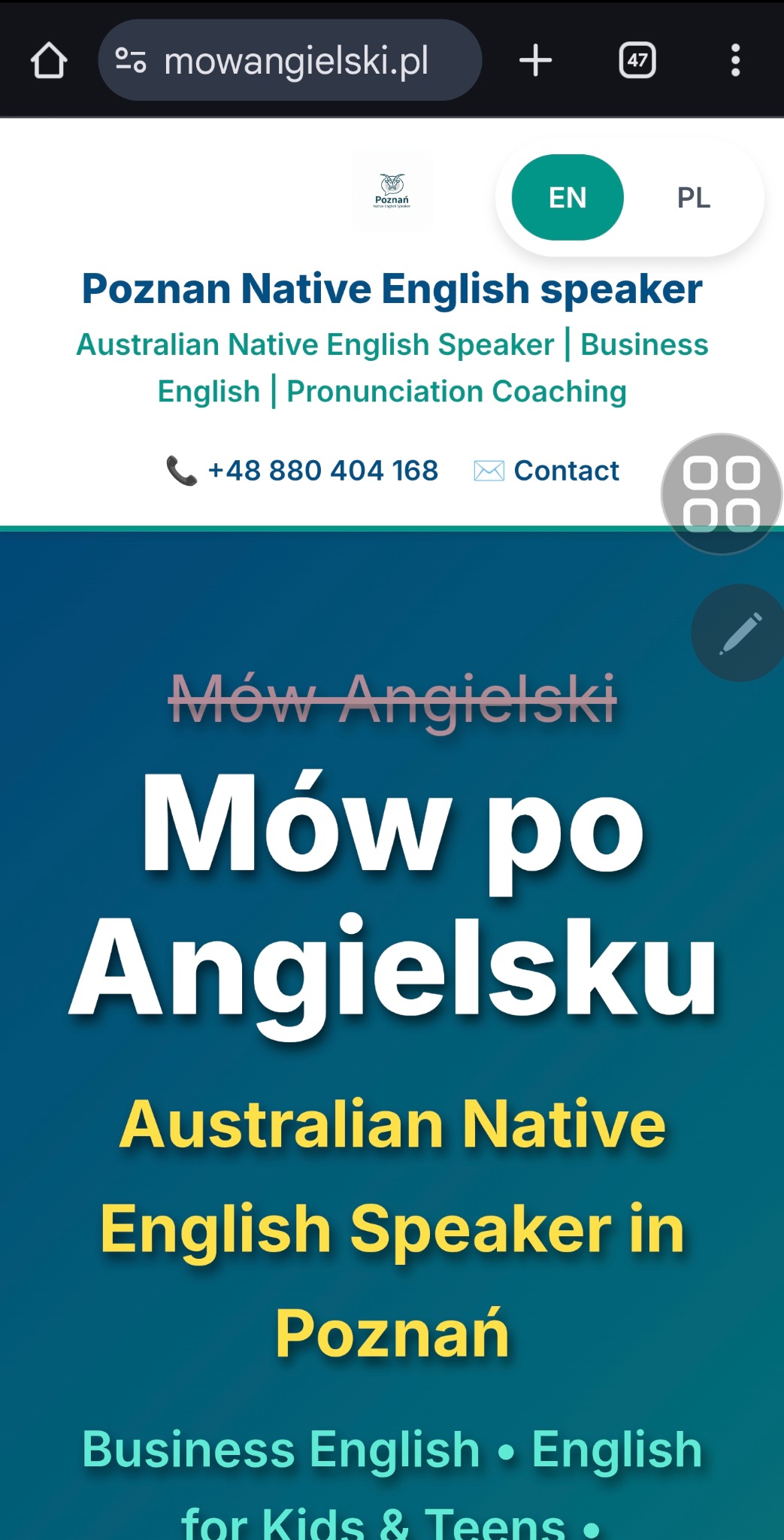 Strona internetowa z ofertą nauki języka angielskiego w Poznaniu, prowadzona przez native speakera z Australii. Kursy dla biznesu i dzieci.