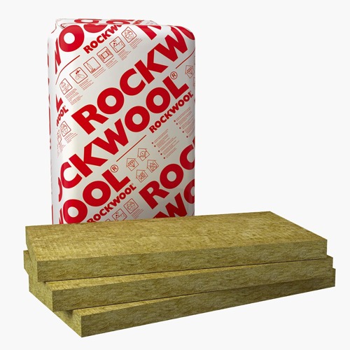 Paczka wełny mineralnej Rockwool z widocznymi instrukcjami montażu i ułożone obok płyty z wełny mineralnej w formacie prostokątnym.