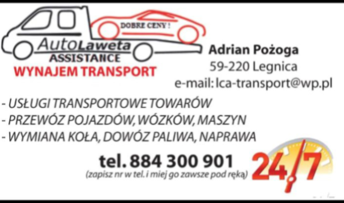 Wizytówka firmy AutoLaweta Assistance z Legnicy oferującej wynajem transportu, przewóz pojazdów, wymianę koła i dowóz paliwa, z numerem telefonu i adresem e-mail.