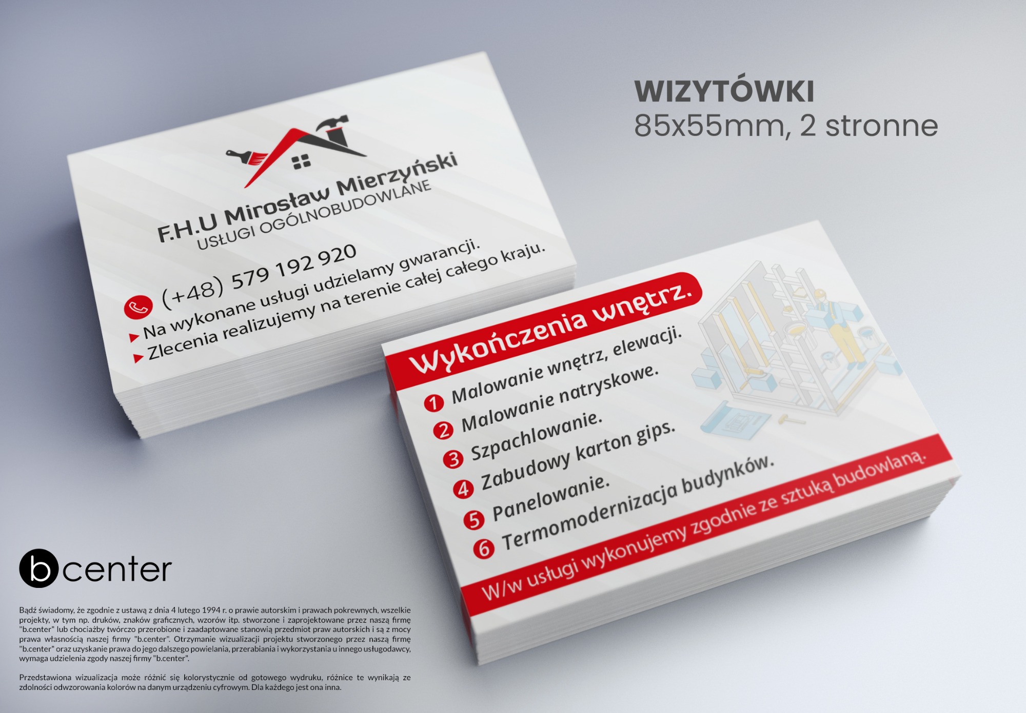 Wizytówki firmy budowlanej F.H.U. Mirosław Mierzyński, oferującej usługi ogólnobudowlane, z listą wykonywanych prac wykończeniowych wnętrz, elewacji, szpachlowania, zabudowy i termomodernizacji...