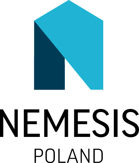 Logo firmy Nemesis Poland z abstrakcyjnym symbolem domu w kolorze turkusowym i granatowym.