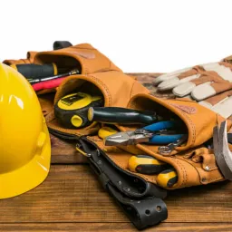 Żółty kask budowlany, skórzany pas narzędziowy z różnymi narzędziami, rękawice robocze i młotek leżące na drewnianym blacie.