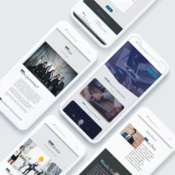 Mockupy responsywnej strony internetowej kancelarii prawnej, wyświetlane na pięciu smartfonach ułożonych pod kątem na jasnym tle.