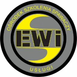 Okrągłe logo ośrodka szkolenia spawaczy EWI z napisem 'Usługi' w dolnej części, czarno-żółto-szare barwy.