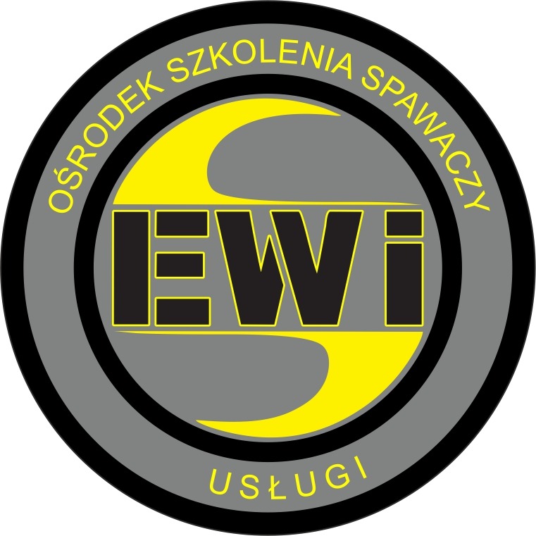 Okrągłe logo ośrodka szkolenia spawaczy EWI z napisem 'Usługi' w dolnej części, czarno-żółto-szare barwy.