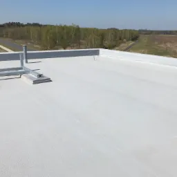 Jasnoszary, płaski dach pokryty membraną z widocznymi kominkami wentylacyjnymi i konstrukcją wsporczą, w tle krajobraz z drzewami i drogą.