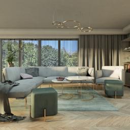 Innowacyjne Wnętrza Katarzyna Wnęk - Wizualizacja salonu z narożną sofą, okrągłymi stolikami kawowymi na złotych nóżkach, zielonym dywanem i pufami, drewnianą podłogą w jodełkę oraz regałem na książki. Za oknem widok na drzewa.