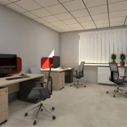 Wizualizacja biura w Krakowie: biurka z jasnego drewna, krzesła biurowe na kółkach, czerwone panele akustyczne, komputery i rośliny doniczkowe przy oknie z żaluzjami pionowymi.