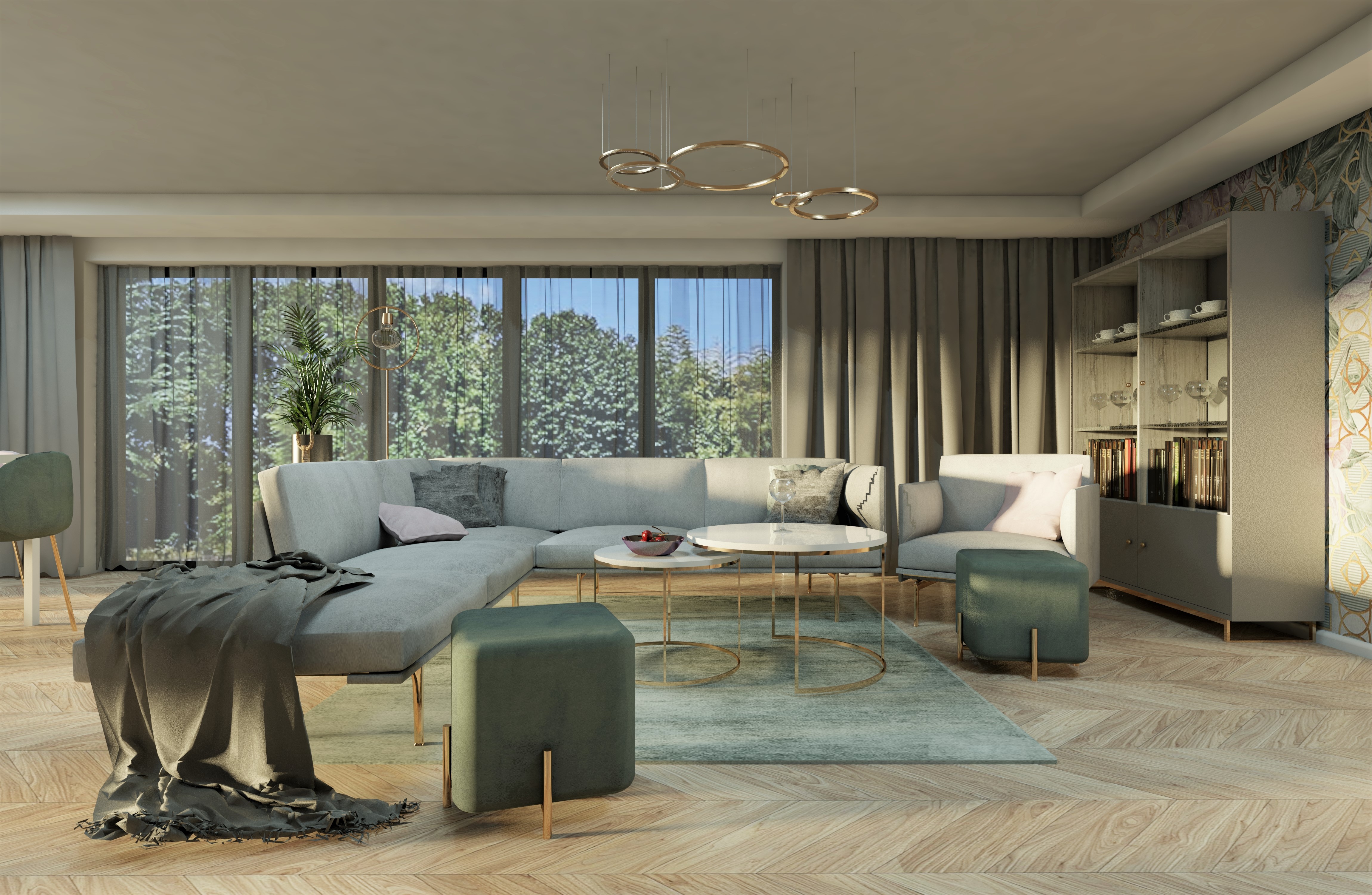 Wizualizacja salonu z narożną sofą, okrągłymi stolikami kawowymi na złotych nóżkach, zielonym dywanem i pufami, drewnianą podłogą w jodełkę oraz regałem na książki. Za oknem widok na drzewa.