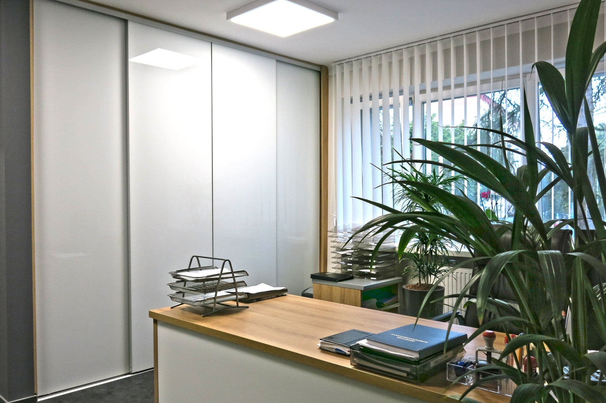 Nowoczesne biuro: jasne, przesuwne szafy w zabudowie, drewniane biurko z przybornikami i roślinami doniczkowymi, okno z pionowymi żaluzjami.