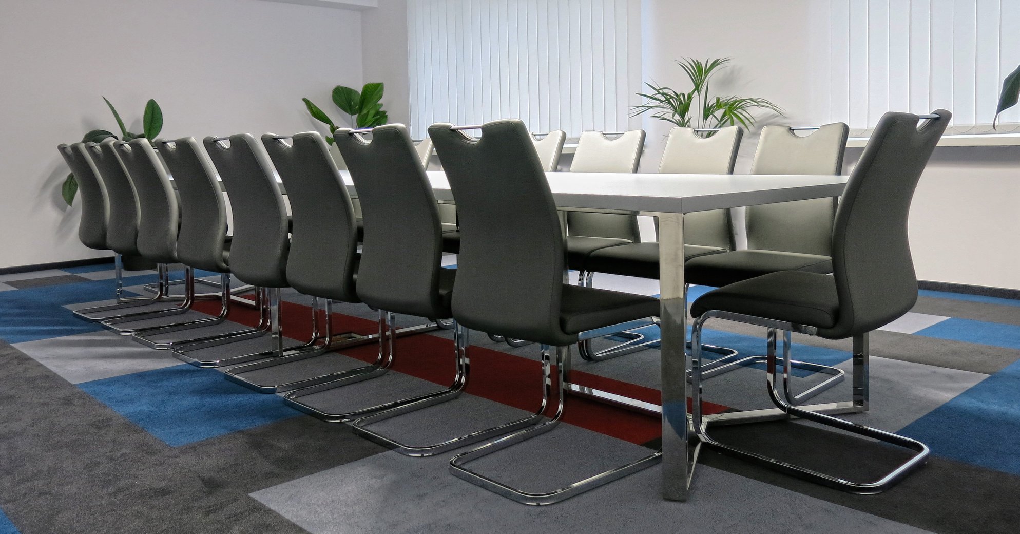 Sala konferencyjna z długim białym stołem i rzędem szarych krzeseł na chromowanych nogach, uzupełniona roślinami doniczkowymi i wykładziną w geometryczne wzory.