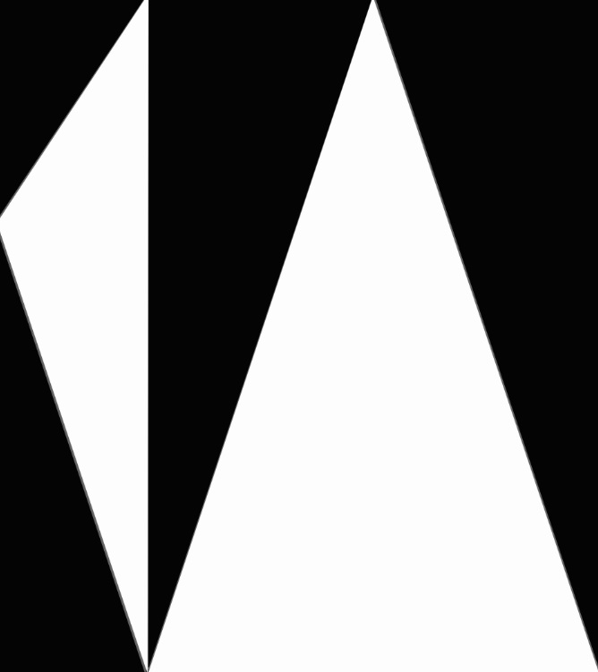 Abstrakcyjna kompozycja z białych trójkątów na czarnym tle, przypominająca minimalistyczny projekt logo z ostrymi krawędziami i dynamicznym układem.