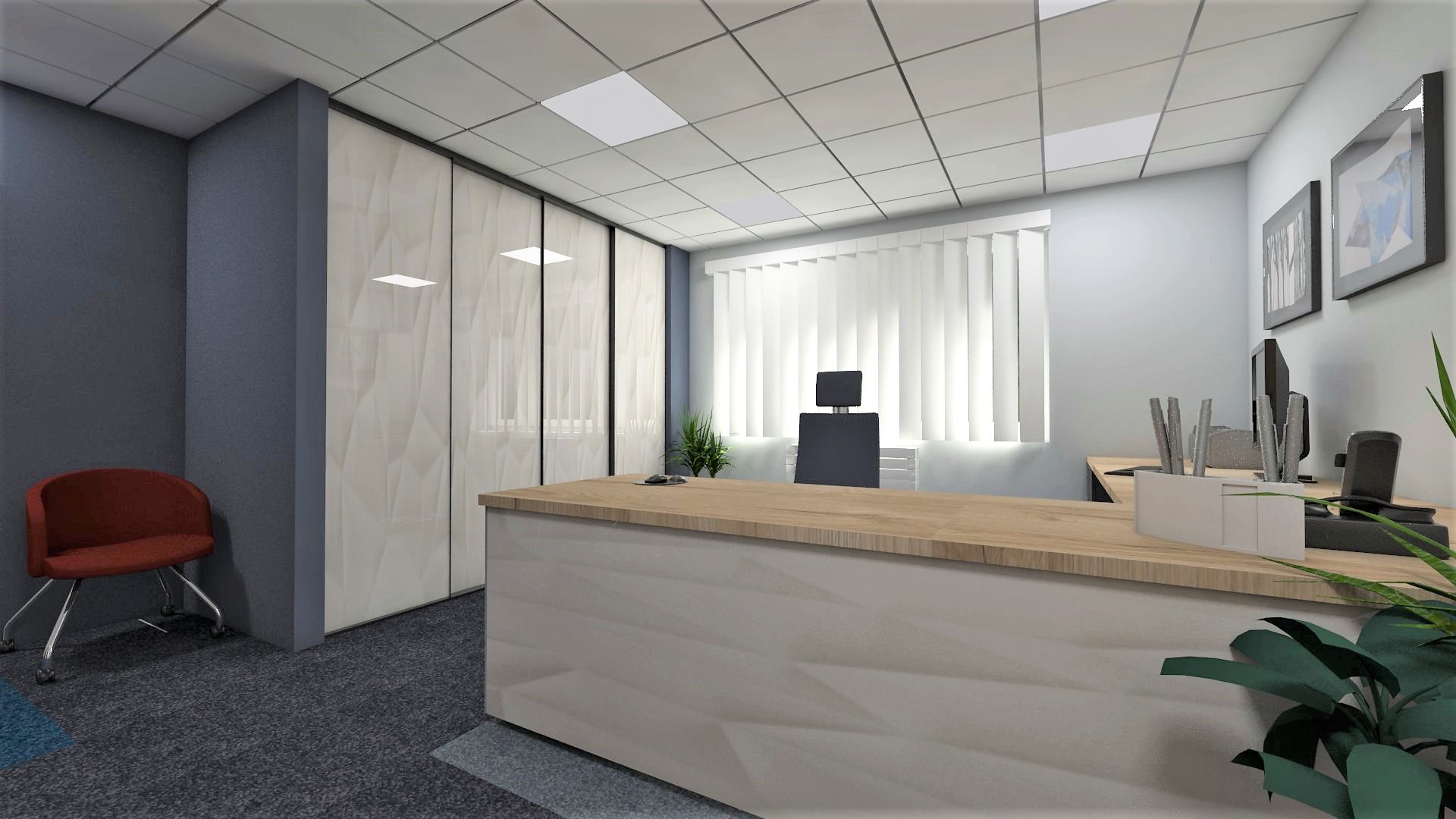 Wizualizacja nowoczesnego biura z dużym biurkiem o drewnianym blacie i białym korpusie z geometrycznym wzorem, za nim krzesło biurowe, szafa z dekoracyjnymi frontami i rolety w oknie.