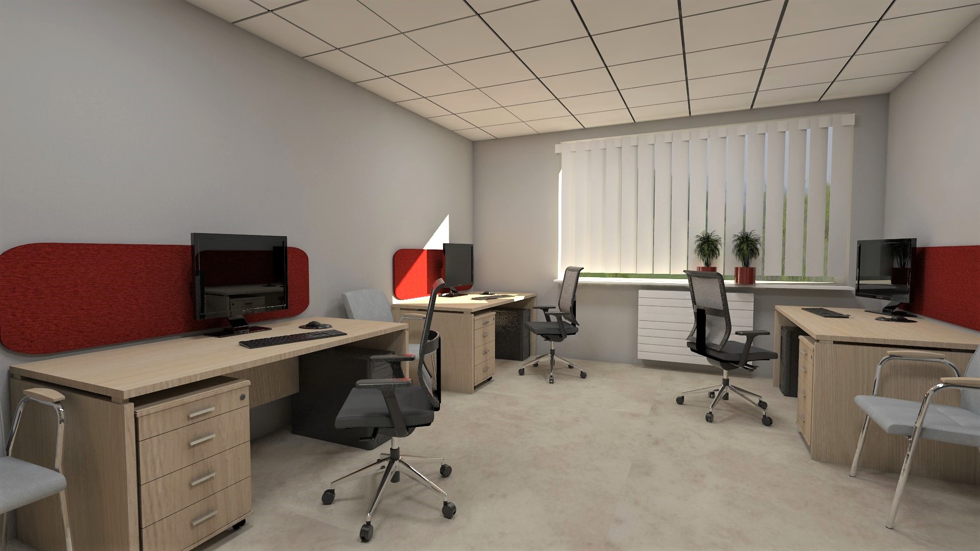 Wizualizacja biura w Krakowie: biurka z jasnego drewna, krzesła biurowe na kółkach, czerwone panele akustyczne, komputery i rośliny doniczkowe przy oknie z żaluzjami pionowymi.