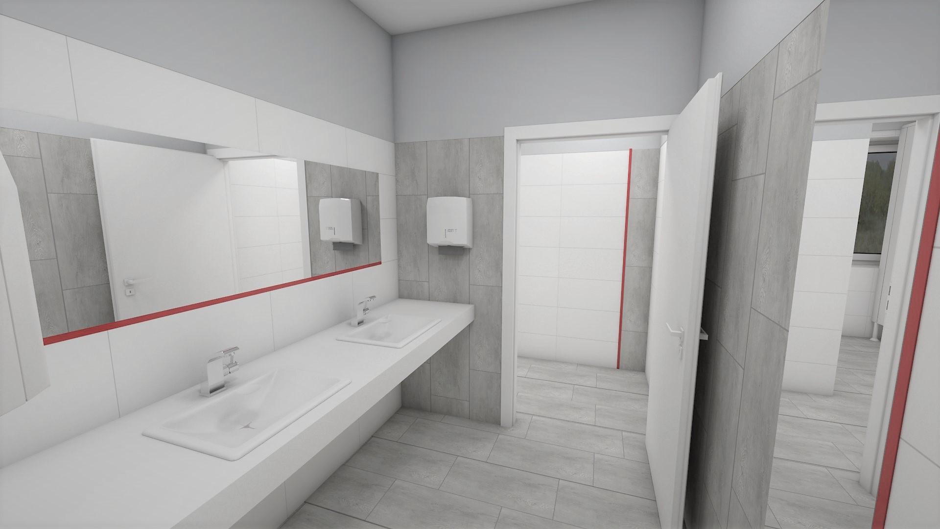 Wizualizacja publicznej toalety z dwoma umywalkami na długim blacie, lustrem z czerwoną obwódką, szarymi płytkami imitującymi drewno na ścianach, białymi dozownikami mydła oraz kabinami WC...
