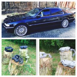 Czarne BMW serii 7 z widocznym psem w środku, obok klocki hamulcowe przed i po obróbce na drewnianych pieńkach.