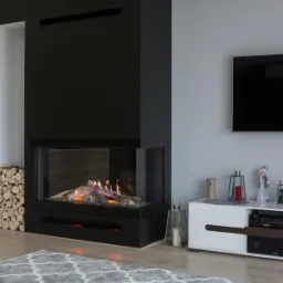 Nowoczesny, narożny wkład kominkowy z trzema szybami i czarną obudową, płomienie widoczne za szkłem, obok ułożone drewno, na podłodze wzorzysty dywan w odcieniach szarości.