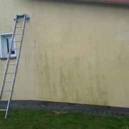WSK Service - Ściana budynku z żółtą elewacją, częściowo umyta z zielonych zabrudzeń, z przystawioną aluminiową drabiną i widocznym oknem.