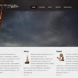 Zrzut ekranu strony internetowej Bazyliki Świdnickiej z widocznym menu nawigacyjnym, fragmentem zdjęcia wieży i sekcjami poświęconymi historii, wieży i zabytkom.