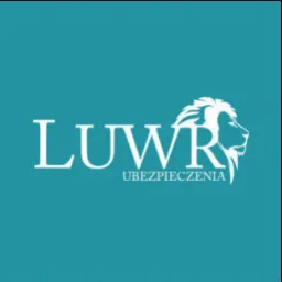 Logo firmy ubezpieczeniowej LUVR z wizerunkiem lwa w kolorze białym na turkusowym tle.