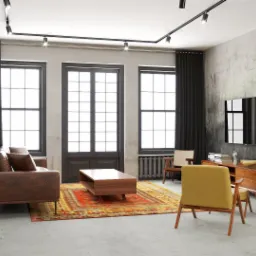 Salon w stylu industrialnym z brązową skórzaną kanapą, drewnianym stolikiem kawowym na wzorzystym dywanie, czarnym piecem wolnostojącym i telewizorem na ścianie o surowym wykończeniu.