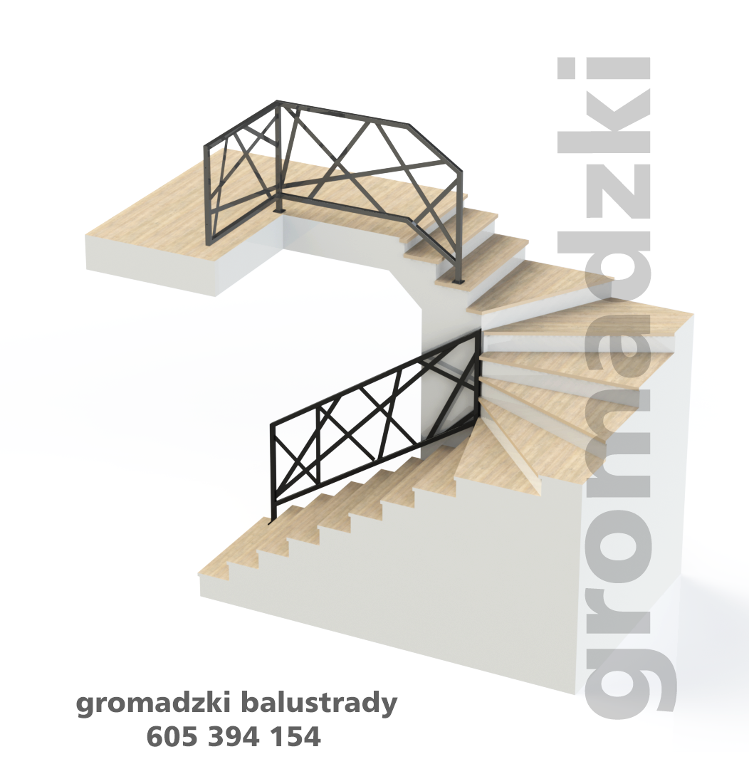 Wizualizacja schodów spiralnych z drewnianymi stopniami i czarną metalową balustradą o geometrycznym wzorze krzyżujących się linii, na białym tle.