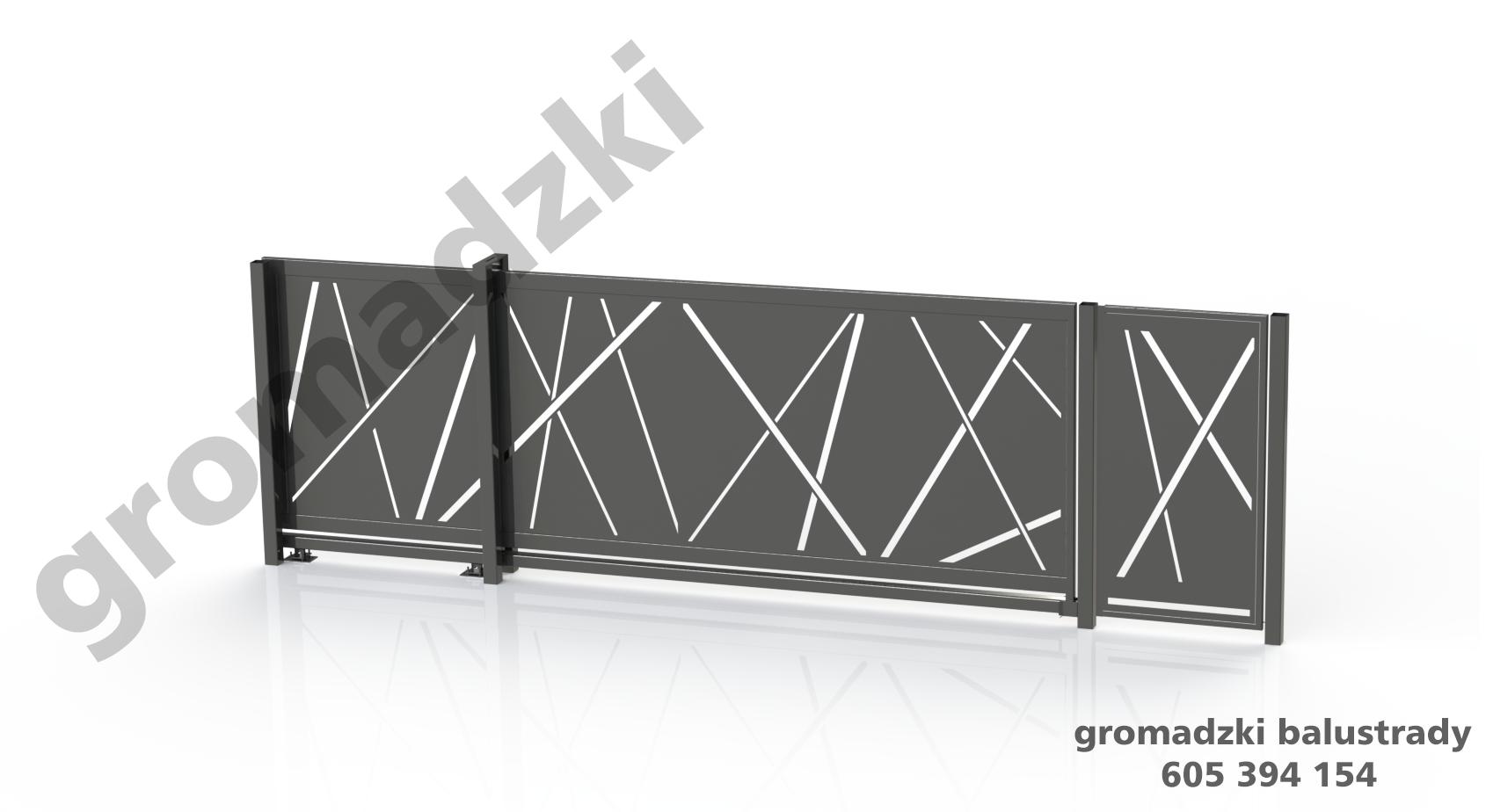 Nowoczesne, metalowe przęsła ogrodzeniowe z wycinanym laserowo wzorem abstrakcyjnym, w kolorze grafitowym, na jasnym tle z odbiciem.